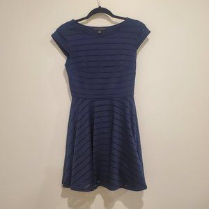 Navy Blue Fit & Flare Dress, Cap Sleeve, Geometric Laser Cut Outs